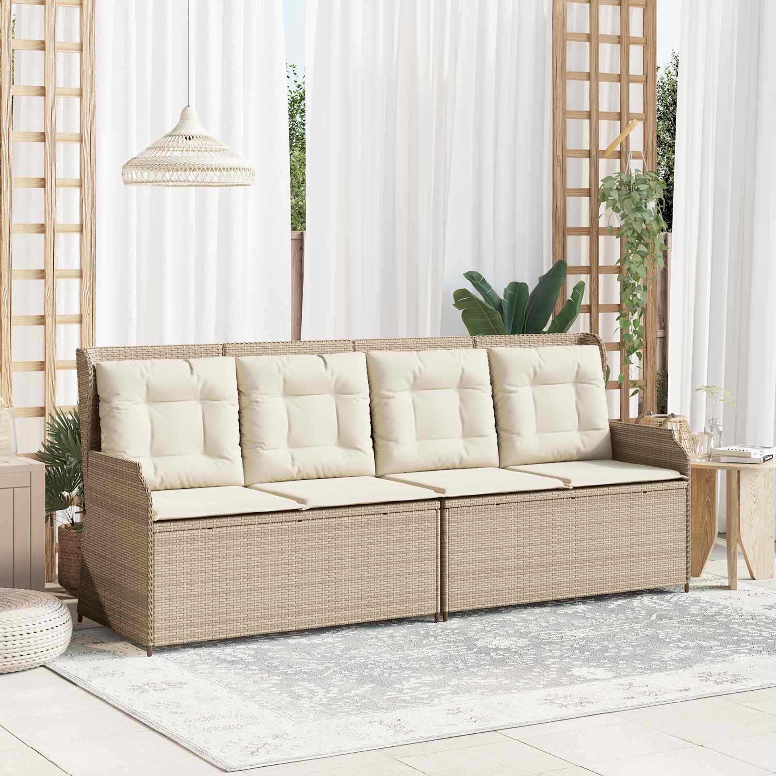 vidaXL Garden Bench with Cushions Black and Cream White Poly Rattan