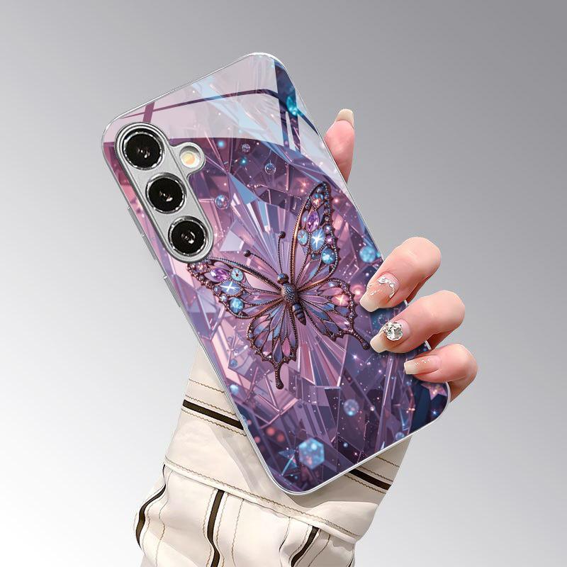 Diamond Butterfly Pattern 2D Phone Case for Samsung S26 S25 S24 S23 S22 S21 S20 A56 A36 A16 Electroplated Glass Protective Cover
