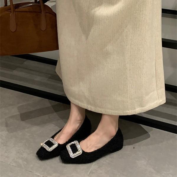 2025 autumn and winter new gentle rhinestone square head velvet bean single shoes fashion fluffy shoes wear cotton ladyshoes