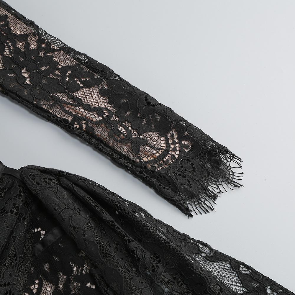 Europäisches & Amerikanisches Sexy Spitzen-Netz-Kleid mit Fischbein-Taillenformer – Langärmlig, Herbst/Winter Kurzer Rock