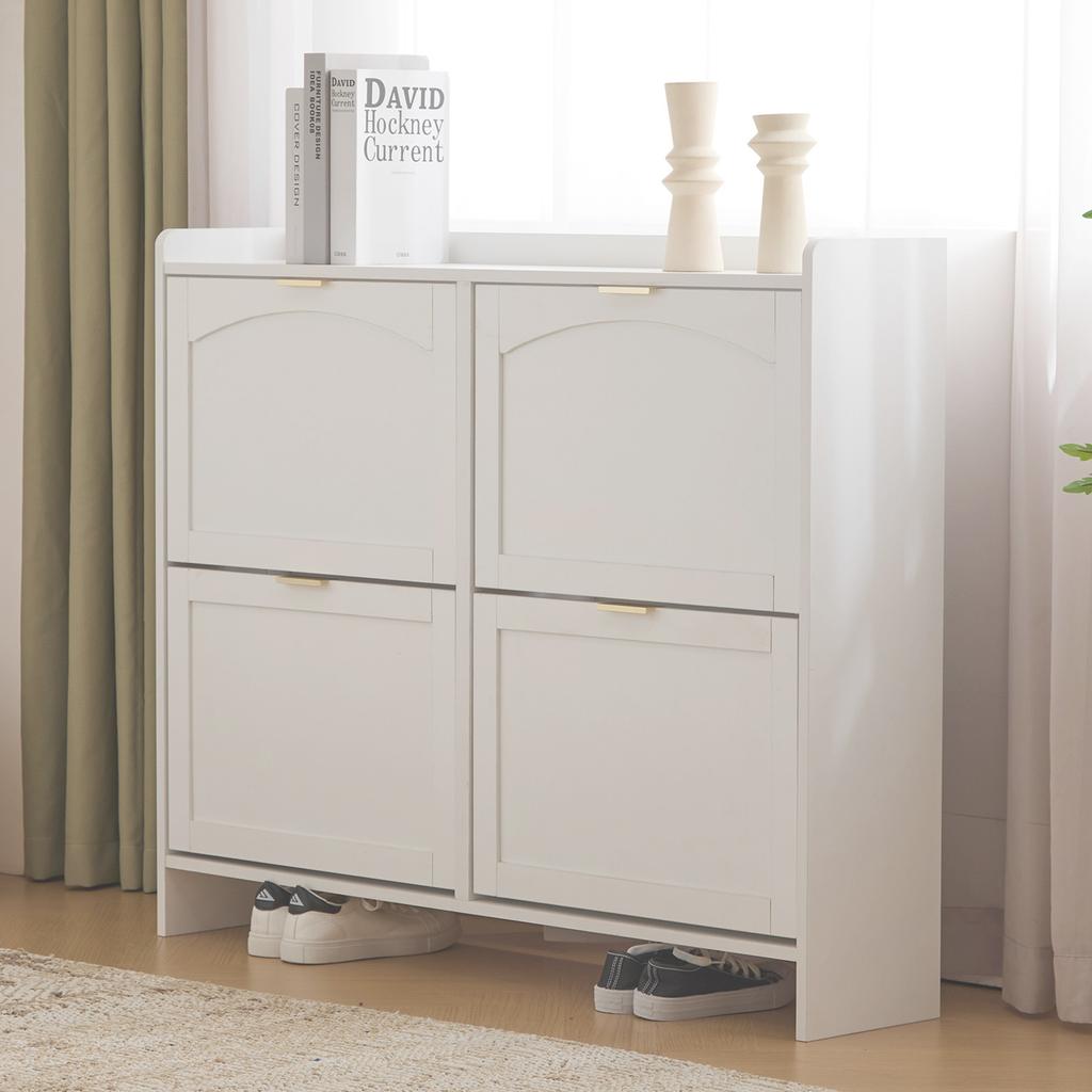 Modern Shoe Cabinet, with 4 Flap Compartments, Open Shelves, for Entrance Area or Hallway, White, Dimensions: W110/H90/D24 cm(OLD SKU:N657P201550W)