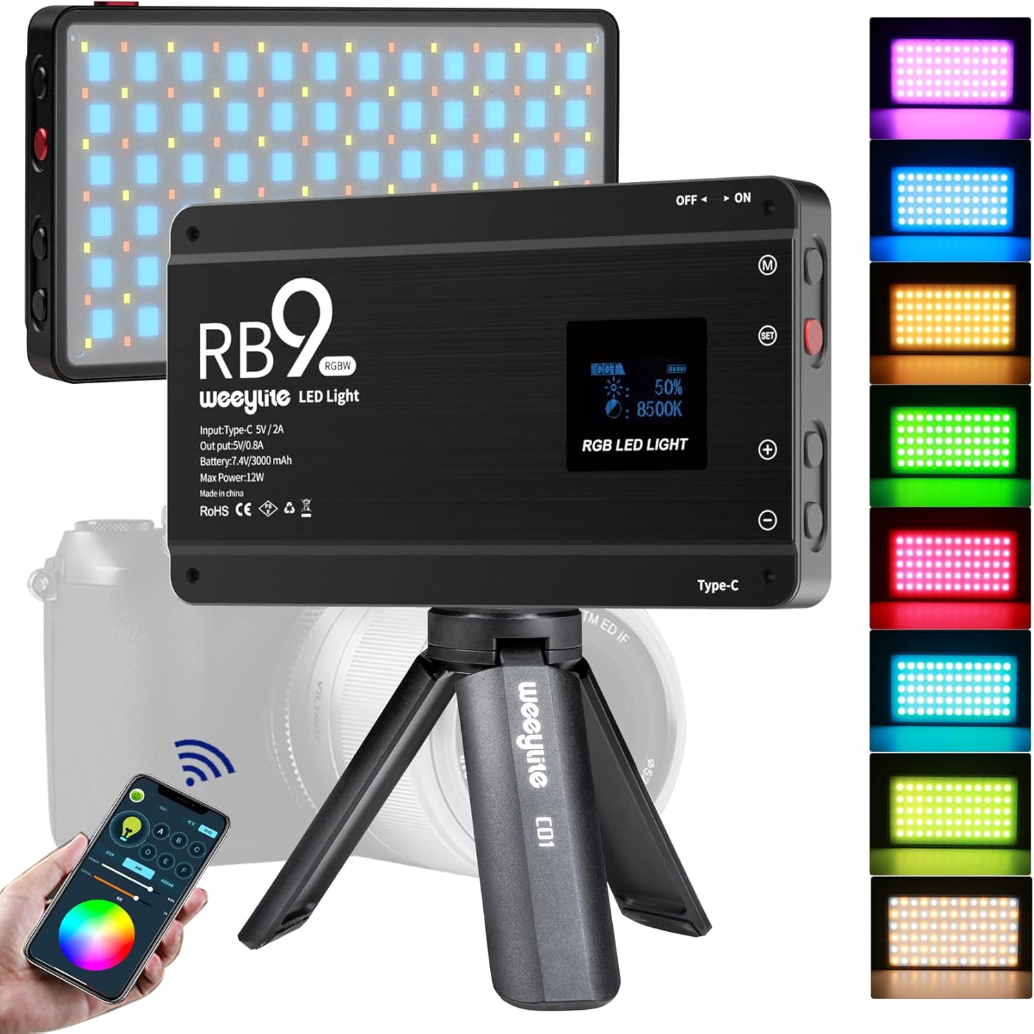 

WEEYLITE RB9 Portable RGB Video Light 2500-8500K 360 Degree Full Color Light for Photography/Filming/Tiktok Type A