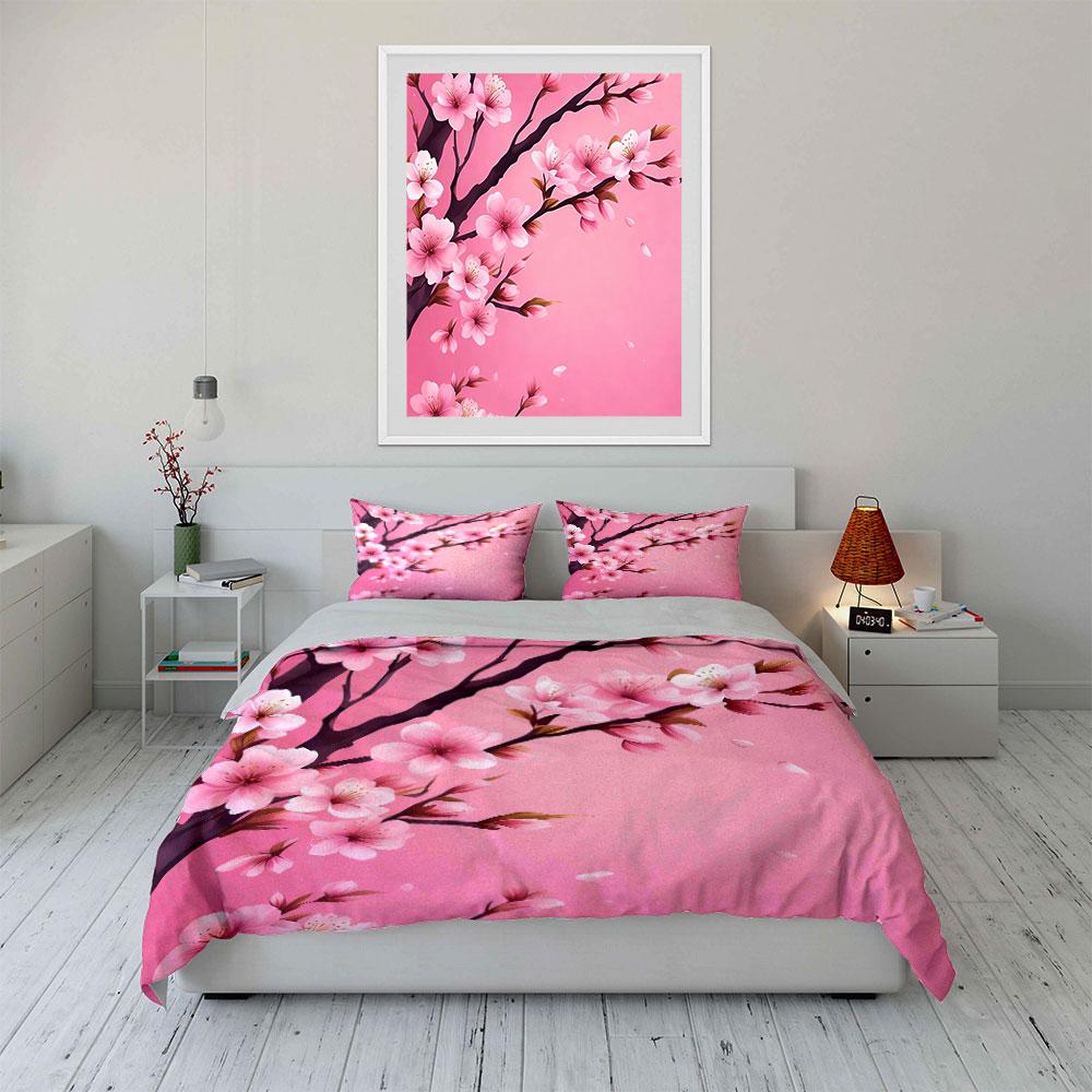Cherry Blossom Themed Decor Set Soft Comfortable Duvet Cover Bedding Set Included 1*Duvet Cover & 2*Pillowcases, Gift