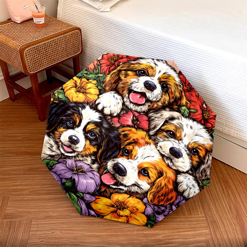 0106 Dog In Flower Bush  Pattern, Automatic Folding Umbrella, Portable and Foldable Design, 8 Ribs, a Christmas or Birthday Gift.