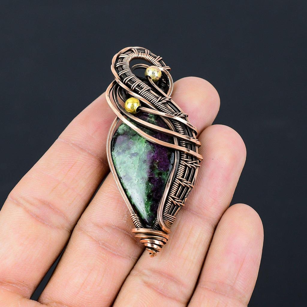 Ruby Zoisite Gemstone Pure Copper Wire Wrapped Handmade Jewelry Pendant For Gift