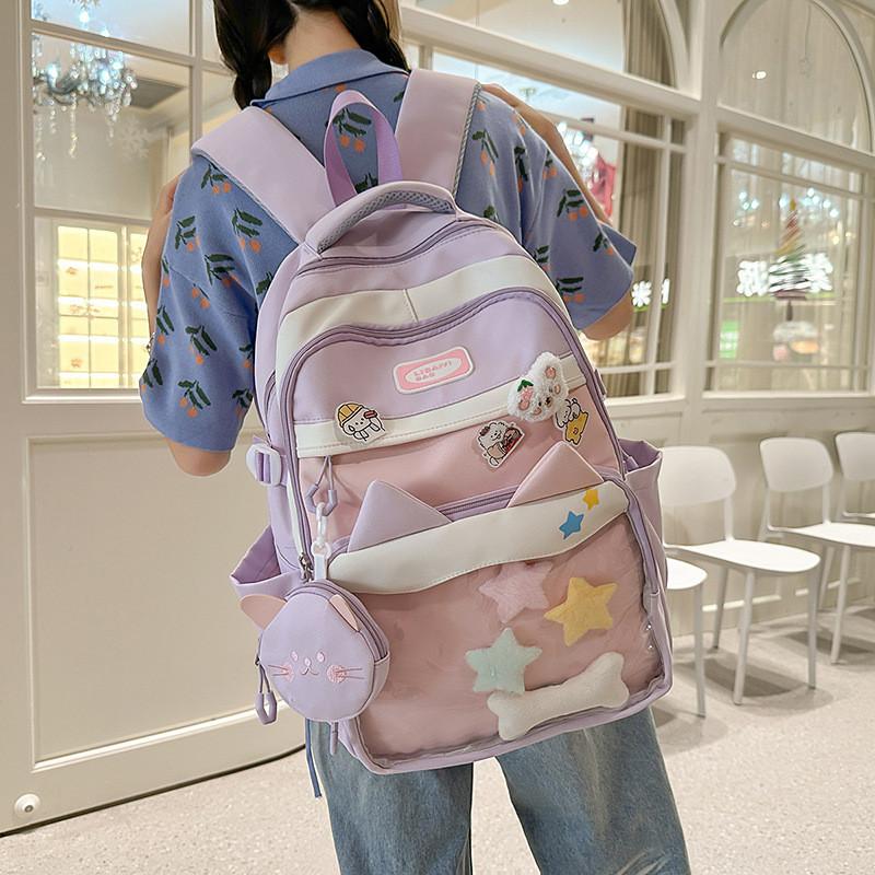 Color Fashion Blocked Cat Ear Design Student Backpack With Pendant And Badge