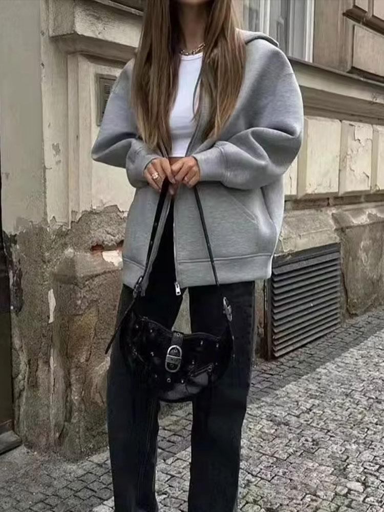 Autumn Women Gray Jacket with Hood Long Sleeve Big Pocket Zipper Jacket Coat Woman Loose Casual Outerwear Coat Tops