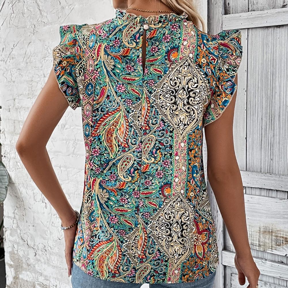 Summer Women's Shirt Retro Ethnic Style Print Short-sleeved Top Art Color T-shirt
