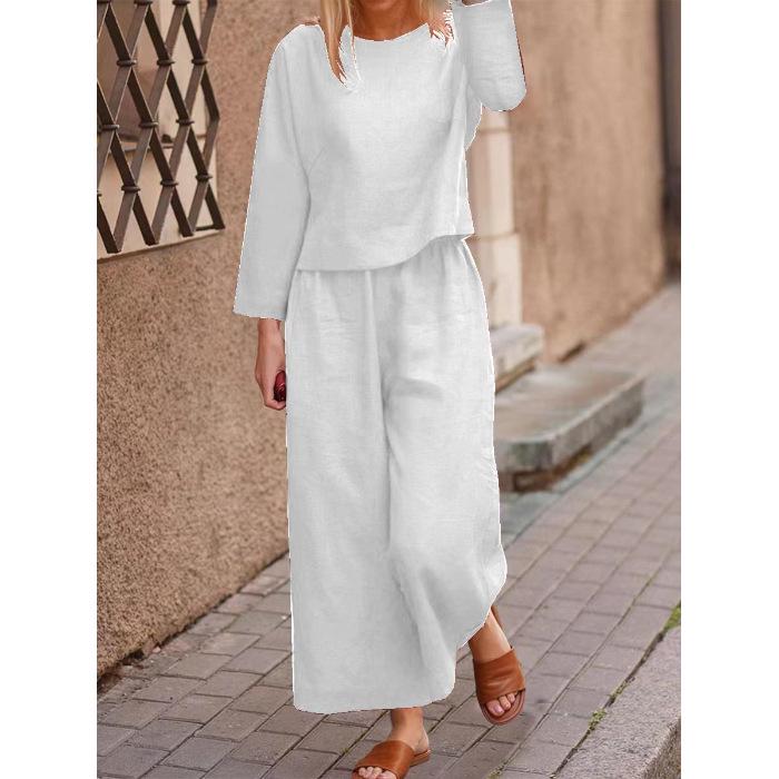 2024 Podzim/Zima Dámský ležérní dvoudílný set širokých dlouhých kalhot - Jednobarevný