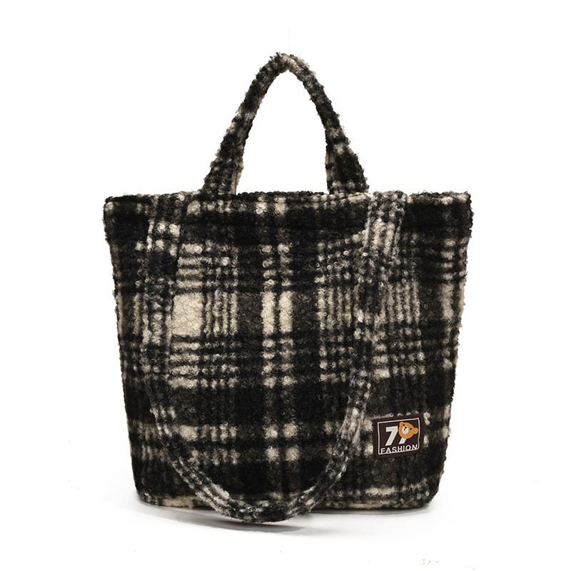 Ielgy Winter Large-Capacity Plush Tote Bag Casual Fashion All-Match Plaid Shoulder Female Bag