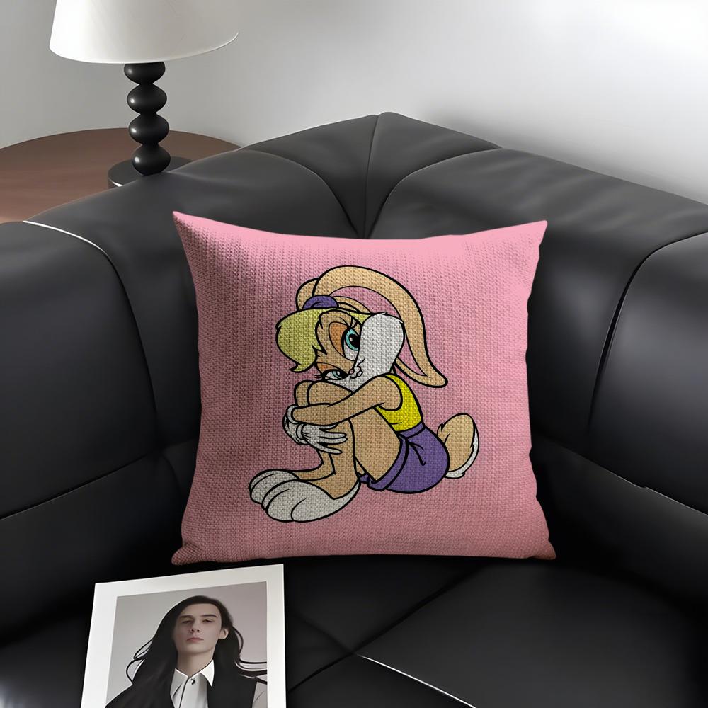 L-Lola Bunnyy Cartoon Cushion Cover Natural Linen Organic Fabric Double-Sided Printing Sofa Home Decor Gift Pillow Case