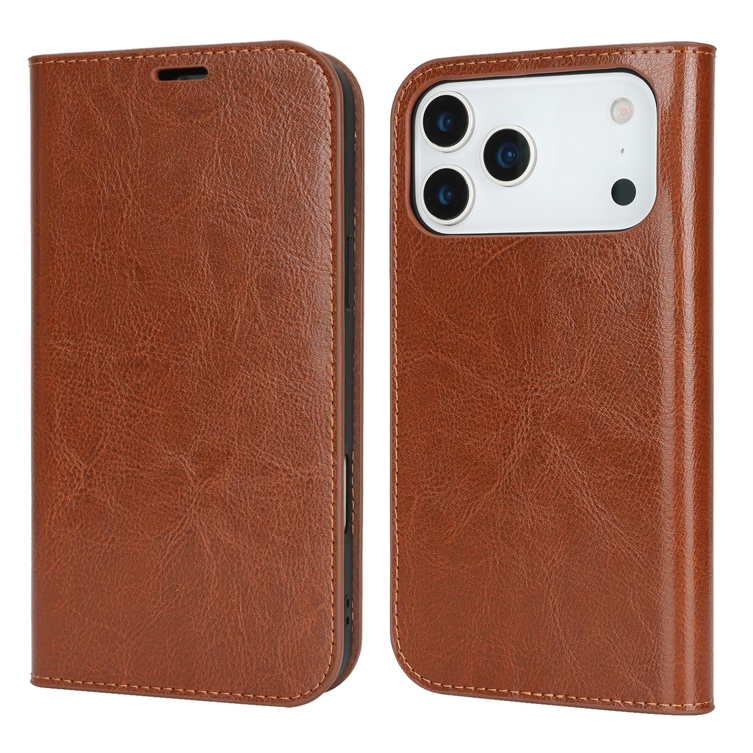 

For iPhone 17 Pro Max Case Crazy Horse Texture Split Leather Wallet Phone Cover Light Brown