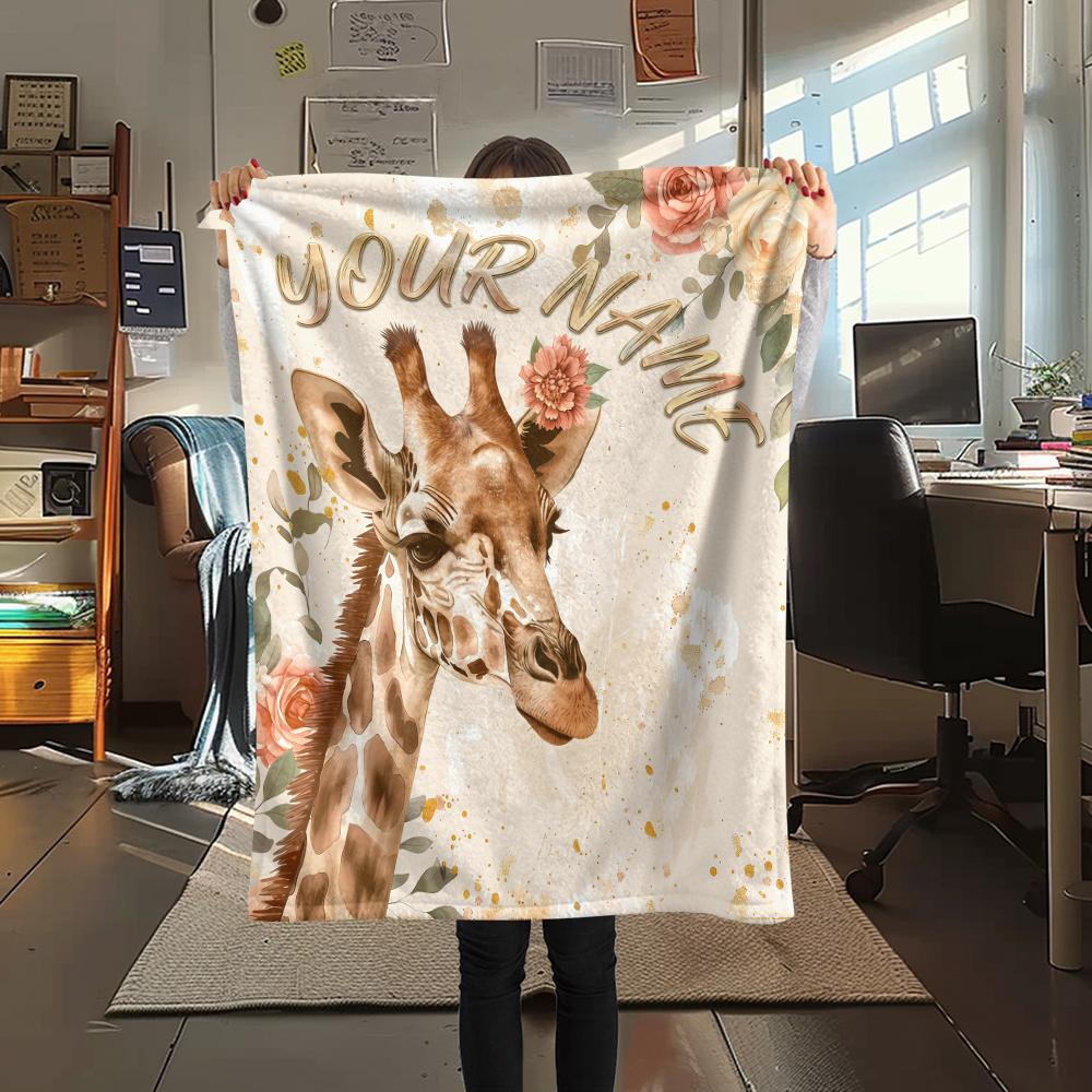 1PC Custom Name Giraffe Floral Name Art Patterned Flannel Blanket Suitable For All Seasons for Home Decor Warmth and Comfort Gifts Holiday Present_lx