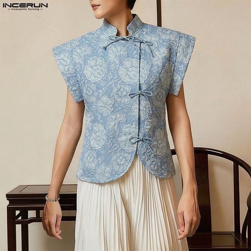 INCERUN Camisetas Casuales para Hombre de Verano Vintage de Manga Corta con Textura y Flores