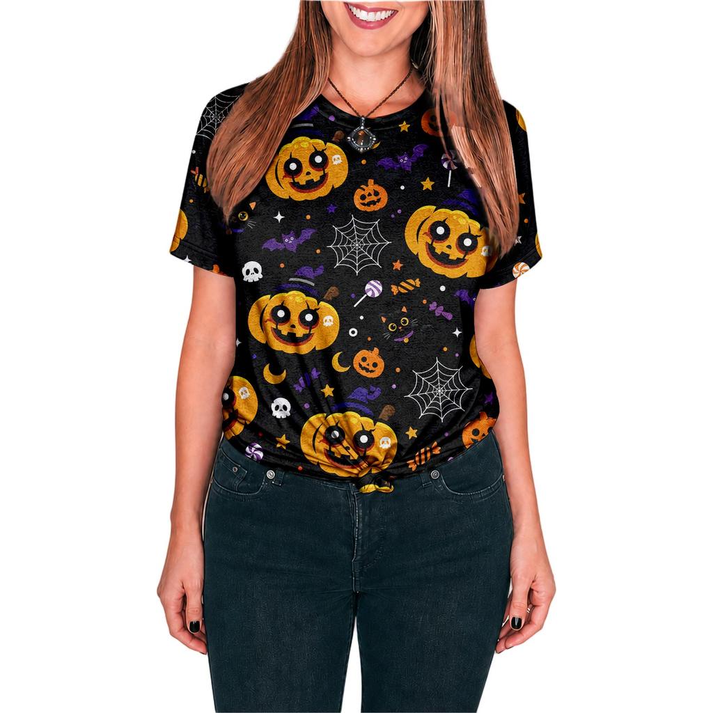 Halloween All Over Print T Shirt, Cute Pumpkin Graphic Tee for Women Men