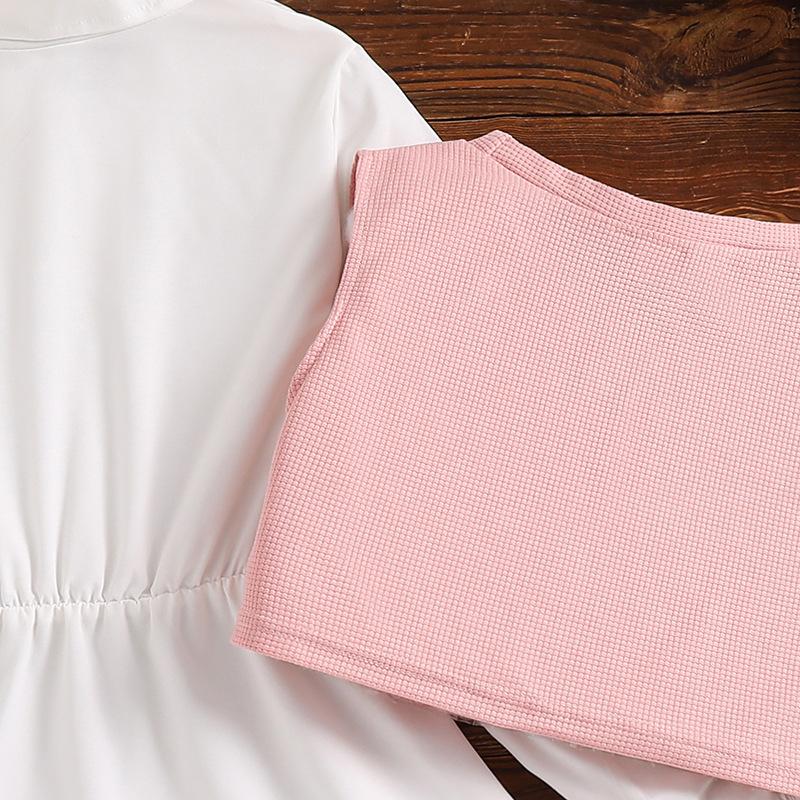 Girls' Outfit Children's Clothing Autumn New Style Turn-Down Collar Solid Color Long Sleeve Dress Beaded Vest