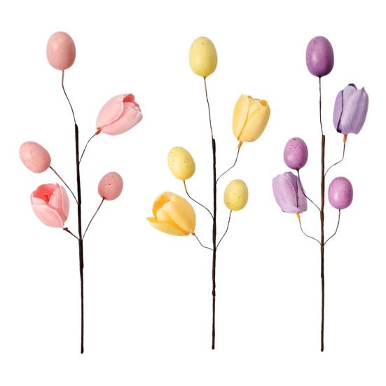 Easter Eggs Picks Spring Artificial Tulip Flower Stem with Eggs Floral Arrangement for Home Vase Filler Table Centerpiece
