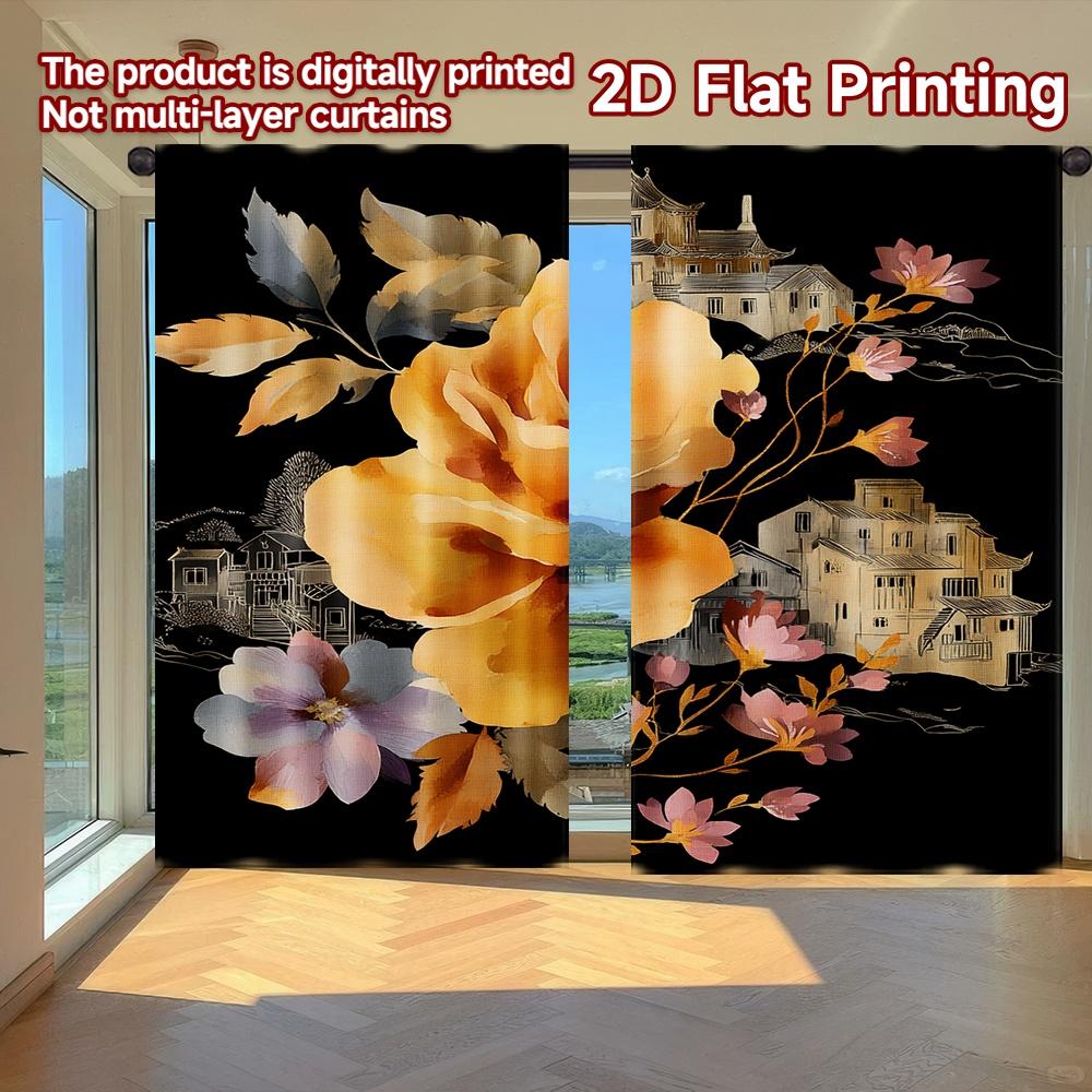 

2D FLAT PRINTING 2pcs Curtains (Without Rod) Floral Elegance on Black (7) April Fools is Day Festival Minimalist Curtains 100*130 HOOK 1pcs