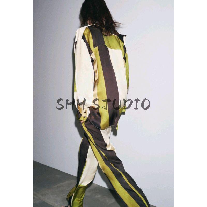 Summer New Long sleeve Lapel Print Shirts 9063816 Mid-Waist Silk Satin Texture Printed Pants 9064816