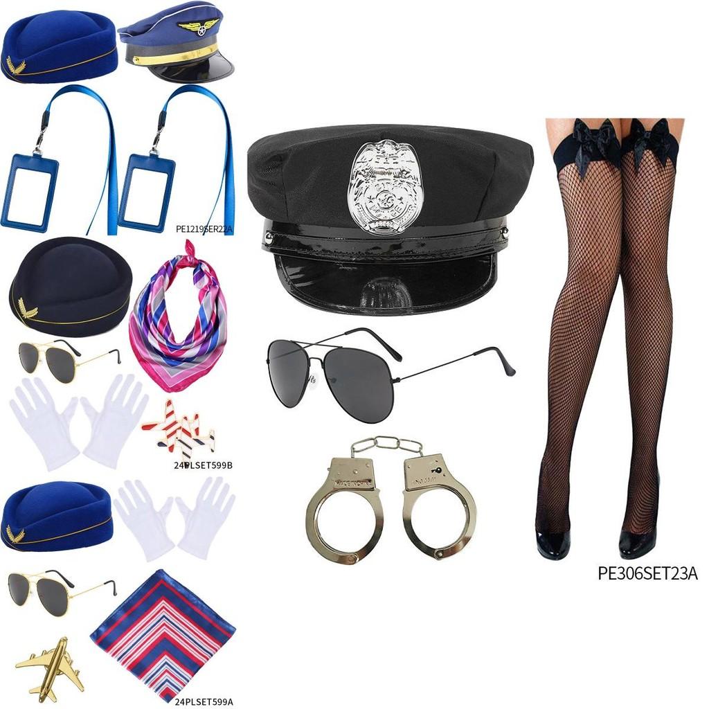 Stylish Pilot Flight Attendant Costume Set With Beret Scarf Gloves Sunglasses And Badge