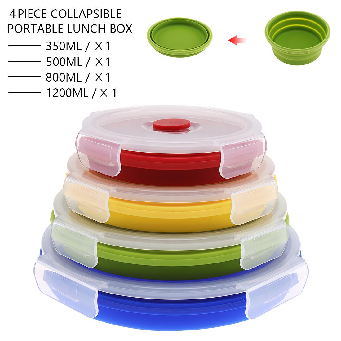 

4 шт., силиконовая коробка для бенто, прямоугольная складная миска для обеда, контейнер для хранения еды, коробка 350 500 800 1200 мл Round