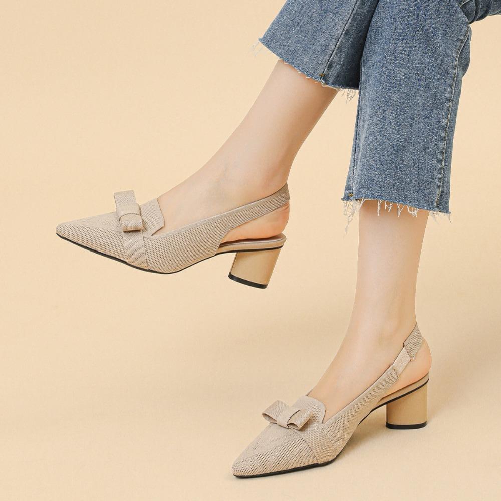 Kadın Sandalet Baotou Sığ Fiyonklu Yüksek Topuklu Düz Renk Yaz Yüksek Topuklu Sandaletler Kadın Kumaş Arka Askılı Kadın Ayakkabıları