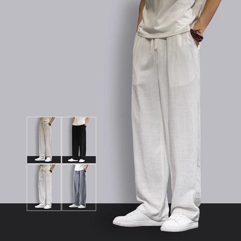 Chinese Style Linen Pants Men's Summer Thin Cotton and Linen Wide-leg Pants Chinese Retro Men's Pants Plus Loose Straight-leg Pants