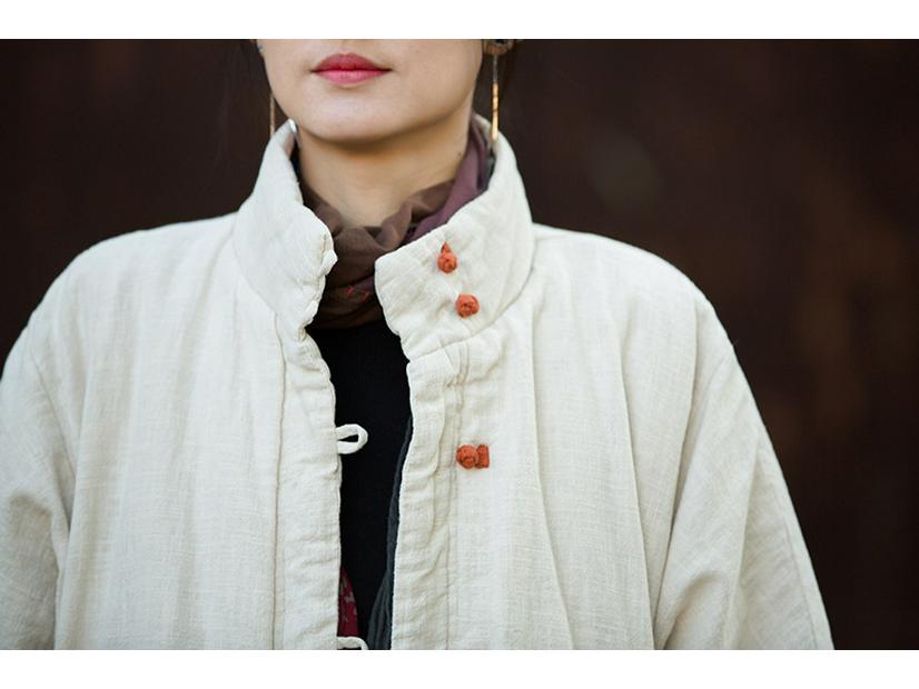 Women's Retro Chinese Style Cotton Linen Jacket with Plate Buckle - Sand Washed, Loose Fit, Padded Warmth