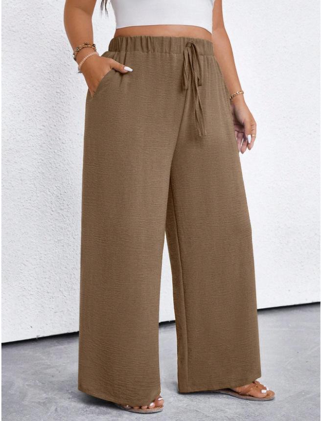 Women High Waisted Wide Leg Pants Casual Elastic Waist Drawstring Loose Fit Solid Color Trousers with Pockets