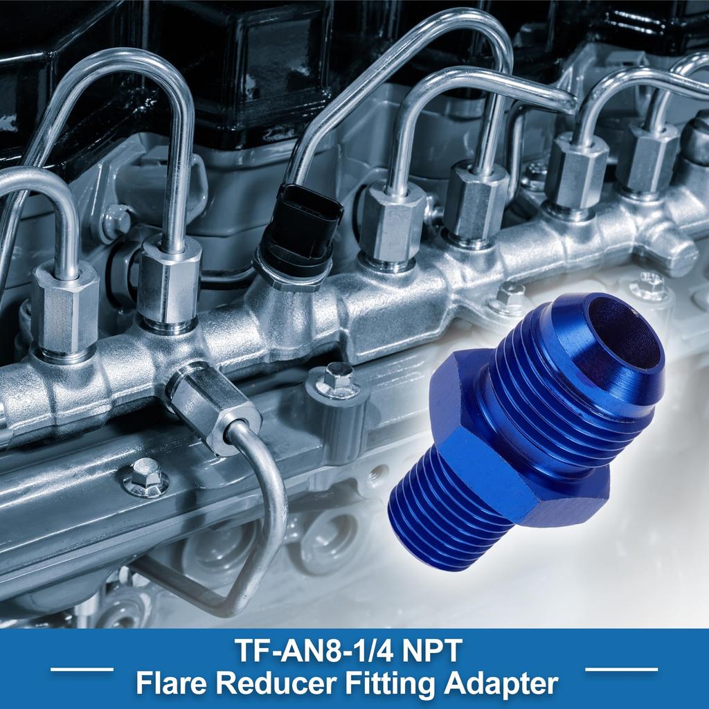 Ein ABSOPRO Reduzier-Schlauchanschluss-Adapter mit Bördelanschluss TF AN8 1/4 NPT Kraftstoffleitungsverbinder Aluminium Blau