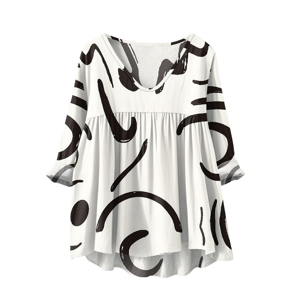 Women's Fashionable And Casual Shirt Long-sleeved V-neck Print Cotton And Linen Blouse