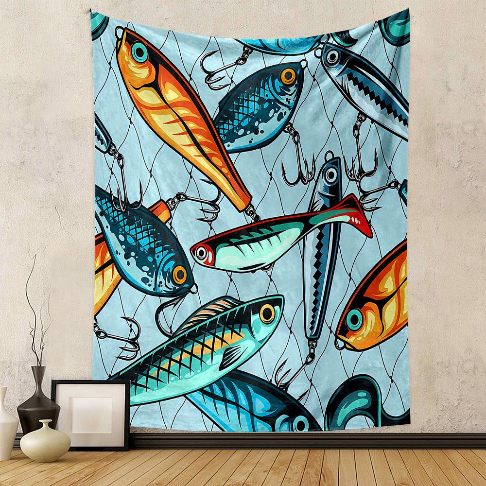 Colorful Fishing Lures on Net Background Patterned tapestry home decor, suitable for bedroom and living room, gift