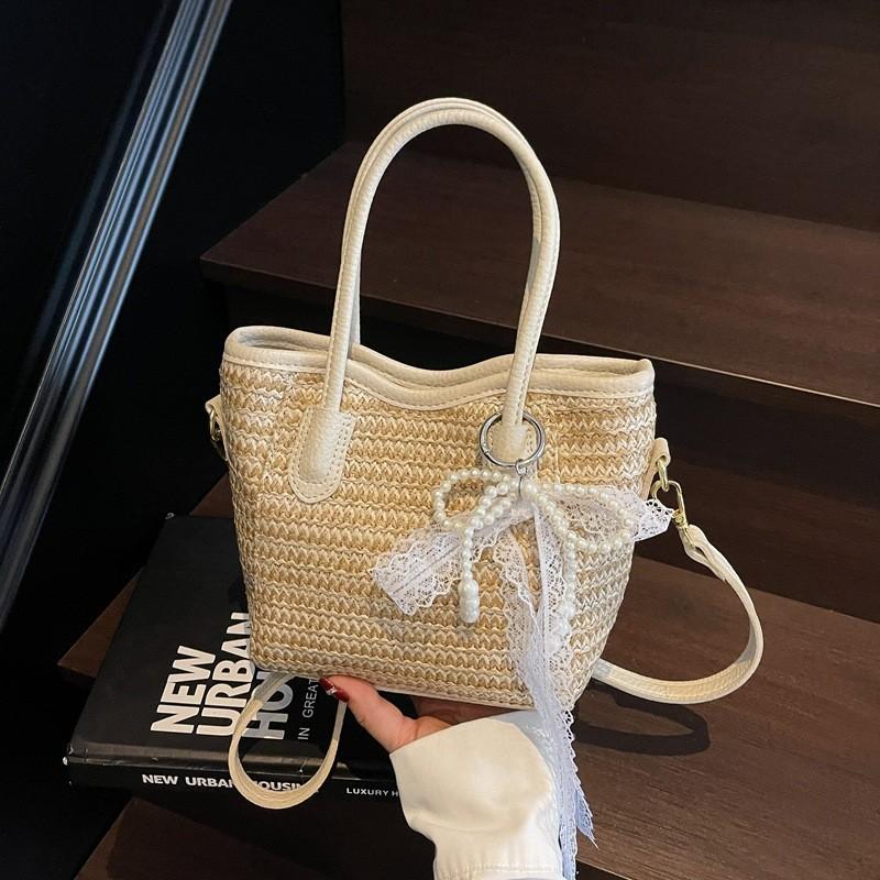 Grass Weave Bucket Bag For Women Summer Casual Handheld With Zipper Closure