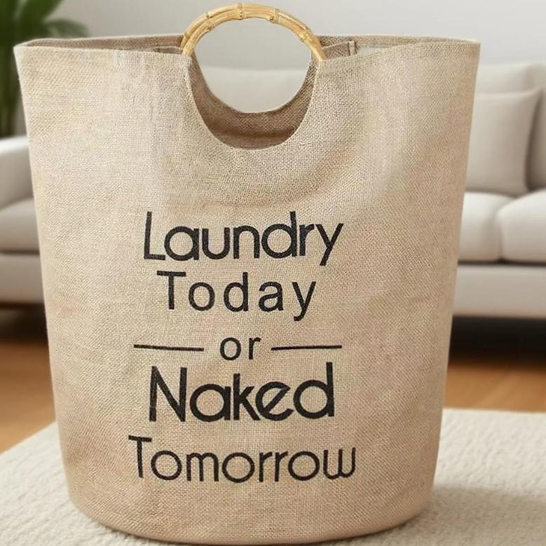 Nordic Cotton Linen Laundry Hamper with Bamboo Handles Bamboo Handle Laundry Basket [Brown]