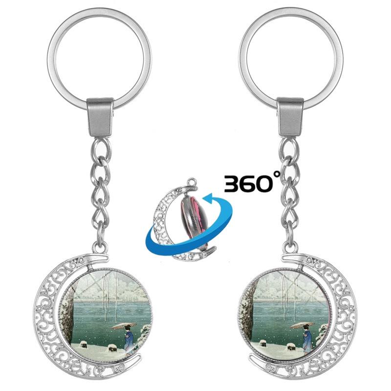 Japanese Wave Ukiyo-e Art Double-Sided Rotating Keychain Pendant
