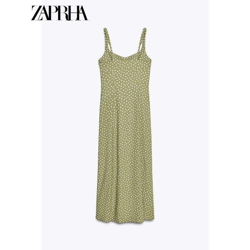 Zaprha 2025 New Arrival Elegance Linen Polka Dot round Neck Camisole Midi Skirt Dress Waist Slim Looking 8008677