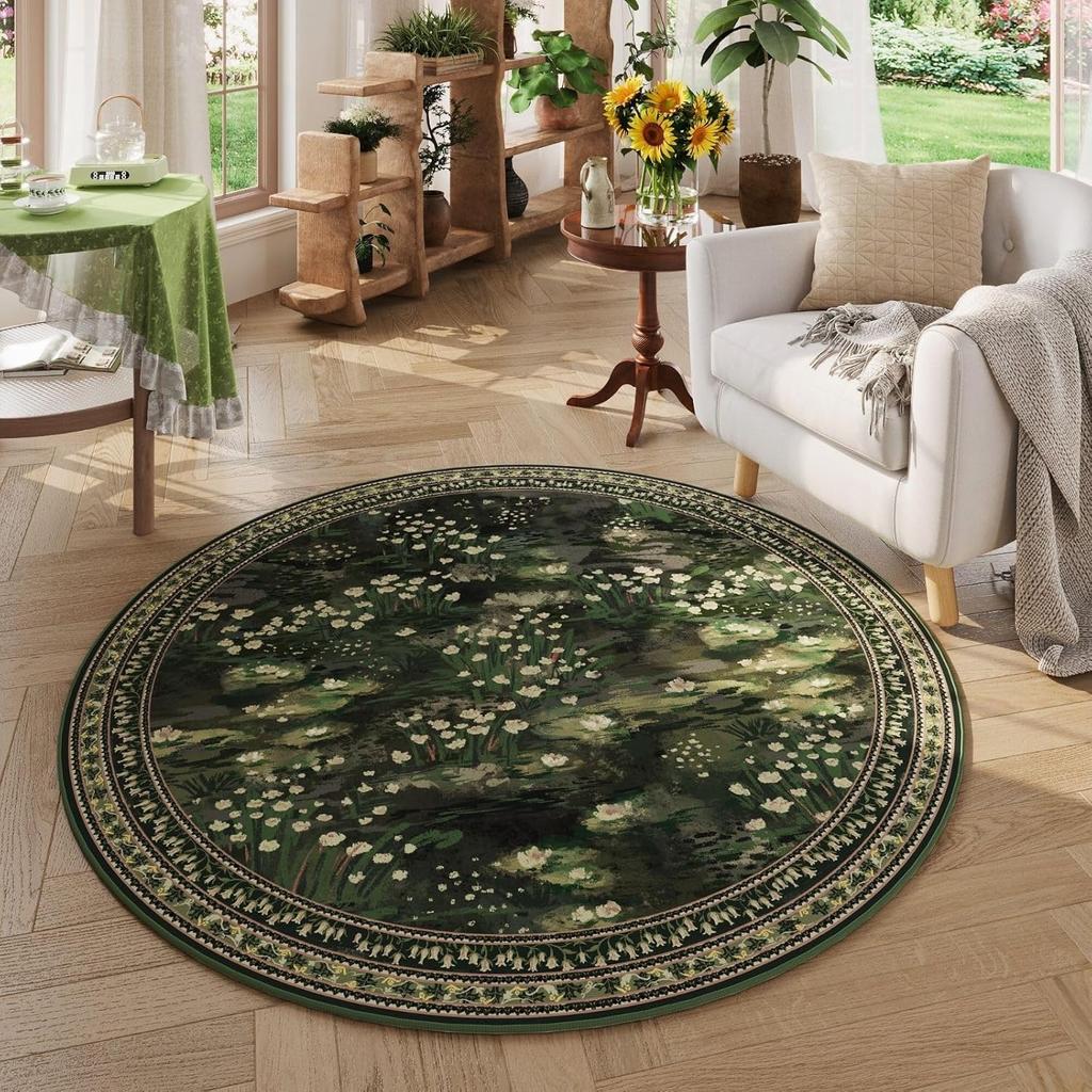 Covor Rotund cu Imprimeu Floral Botanic Art Model cu Plante Verzi Covor Moale Antiderapant Covoraș Decorativ pentru Casă pentru Sufragerie Dormitor Bucătărie