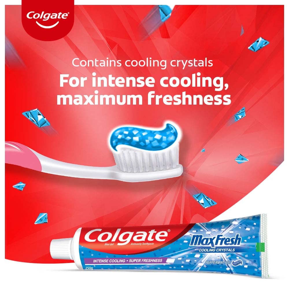 Colgate MaxFresh Breath Freshener Toothpaste, 600g (150g X 4), Peppermint Ice, Blue Gel Paste with Menthol, Cooling Crystals for Bad Breath Control