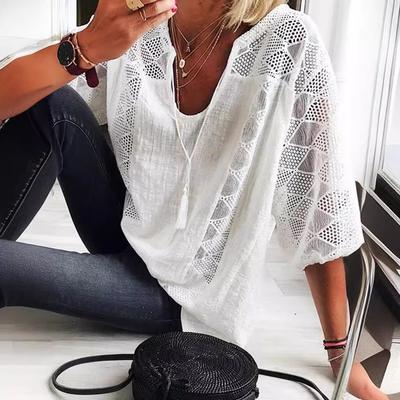Women Summer Casual Loose Lace Tops Fashion White Shirts Female U-neck Three Quarter Sleeve Cotton Shirt Stitching Blouse Clothes