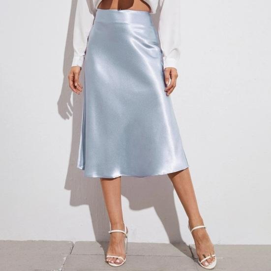 Women Midi Skirt High Waist Satin-Like Shiny Skirt Solid Color