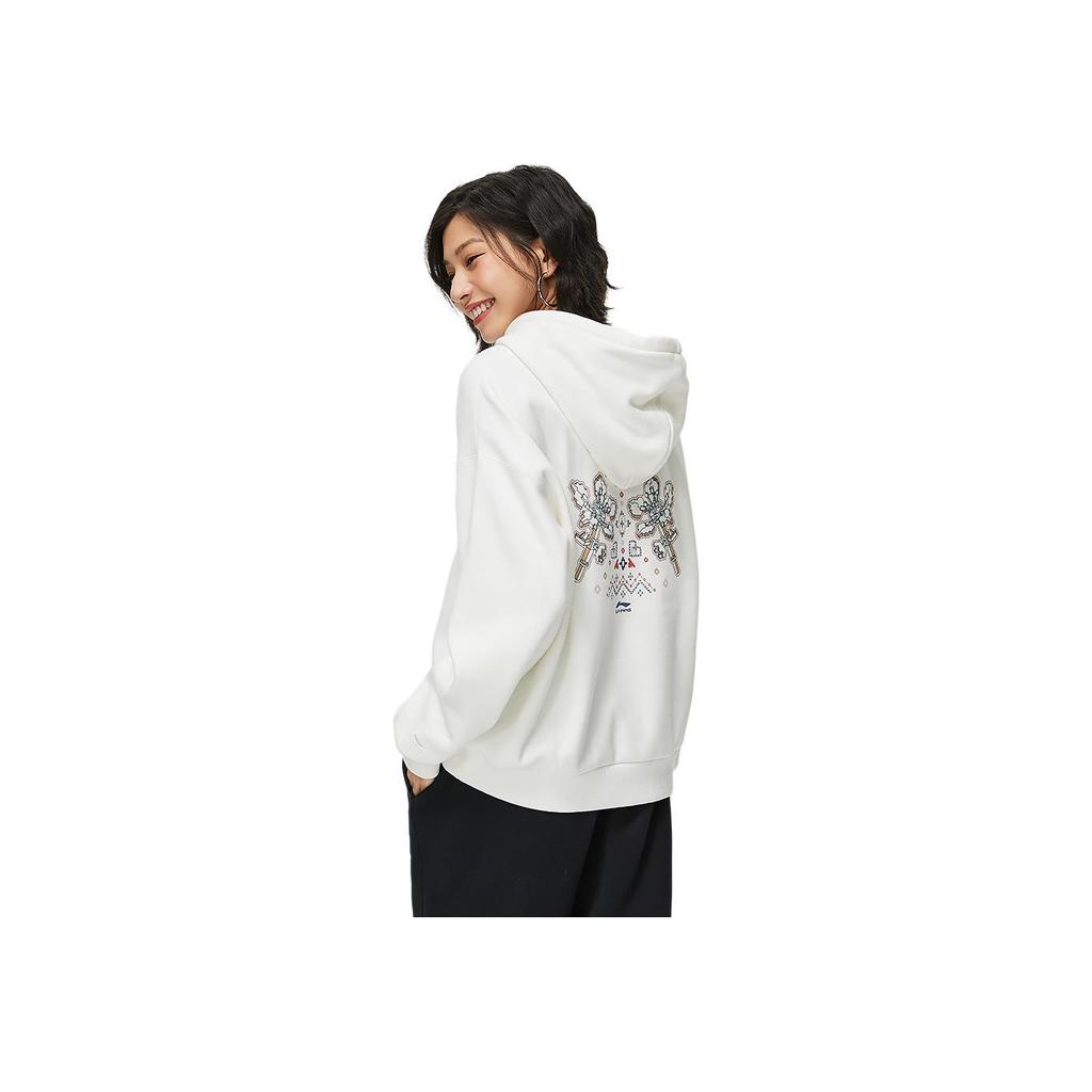 Li Ning Sports Lifestyle Series Casual Hooded Pullover Letter Print Long Sleeve Sweatshirt Women Sweatshirt Off-White AWDT908-4