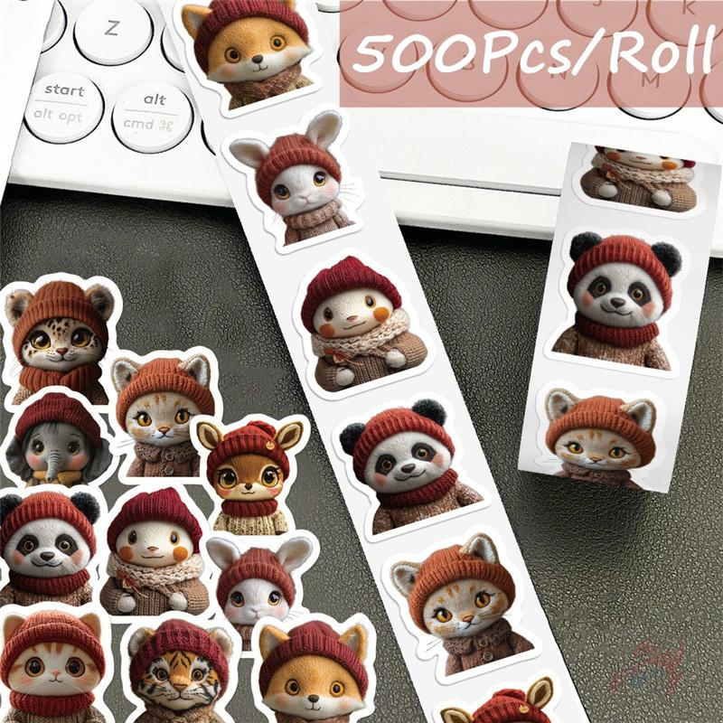 500Pcs/Roll Q Animals Wearing Knitted Hat Kids Rewards Stickers - DIY Scrapbooks Album Decor Sealing Label Decals