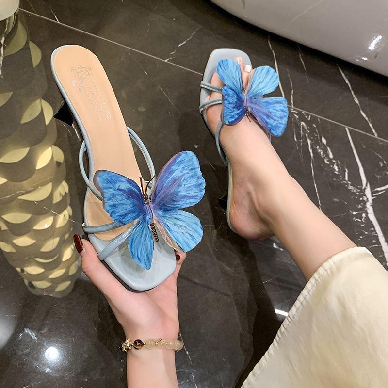 French Small Sandals Fashion Vacation High Heel Drag Niche Design Sense 2025 New Butterfly Thick Heel Shoes Women's Summer Wear