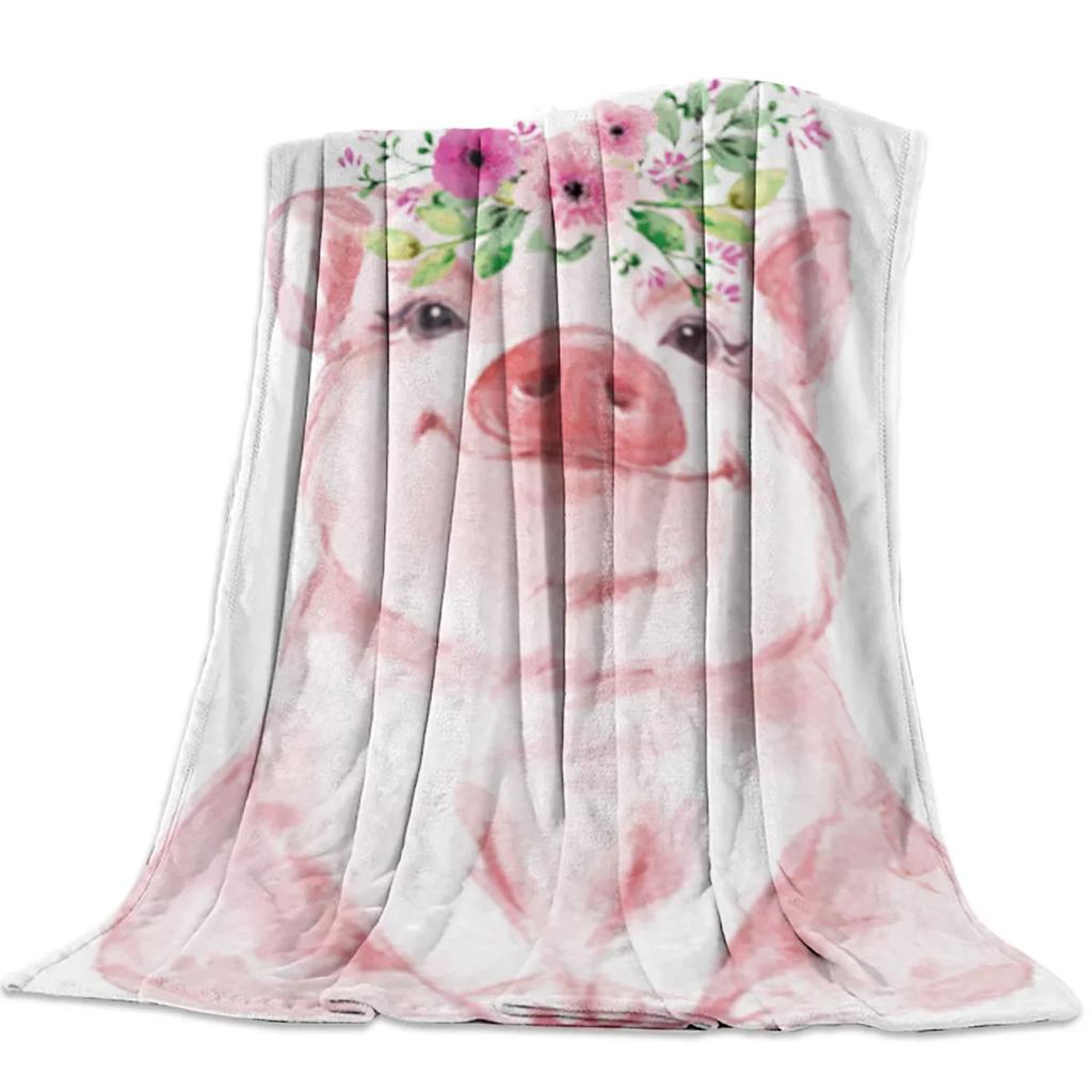 Pink Pig Flower Rose Flannel Blanket for Bed Sofa Portable Soft Fleece Throw Blankets Funny Plush Bedspread Queen King Twin Size