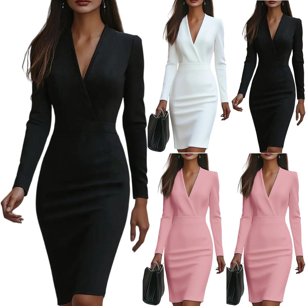 Women's Fashion V-Neck Fitted Solid-Colour Long-Sleeved Dress