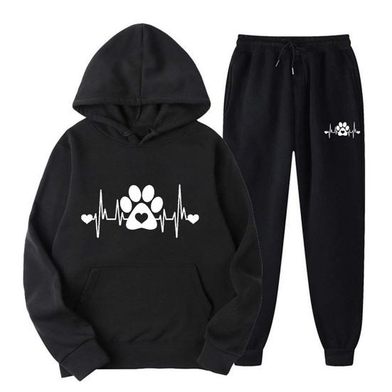 2 Pcs/Set Unisex Hoodie Pants Set Long Sleeve Printed Loose Drawstring Elastic Waist Ankle-banded Patch Pocket Pullover Sportswear Women Men