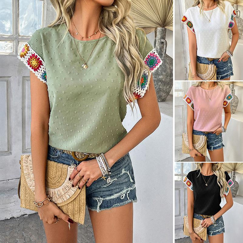 Ladies Summer Ruffles Short Sleeve O Neck Color Block Jacquard Pullover T Shirt Top