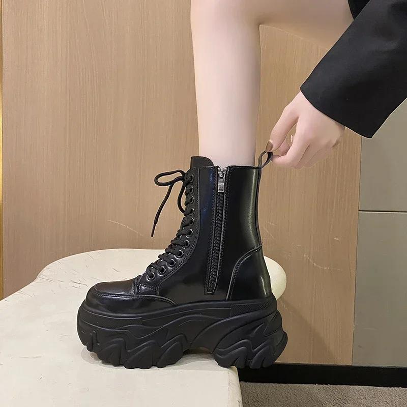 Fashion Winter Goth Platform Mid-Calf Boots 2024Autumn 8.5CM Leather High Heels Motorcycle Shoes Women Chunky Punk Sneakers Chelsea Boot