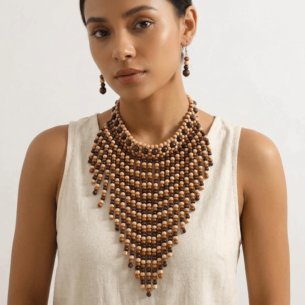 1920s Necklace Earrings Set Wood Ear Studs Elegant Tassel Necklace  Evening
