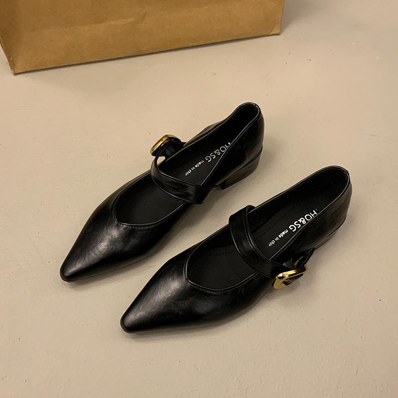 

Туфли-лодочки на толстом каблуке с острым носком женские 2025 новая темпераментная мягкая подошва удобные модные универсальные нишевые Мэри Джейн женские туфли 35 чёрный